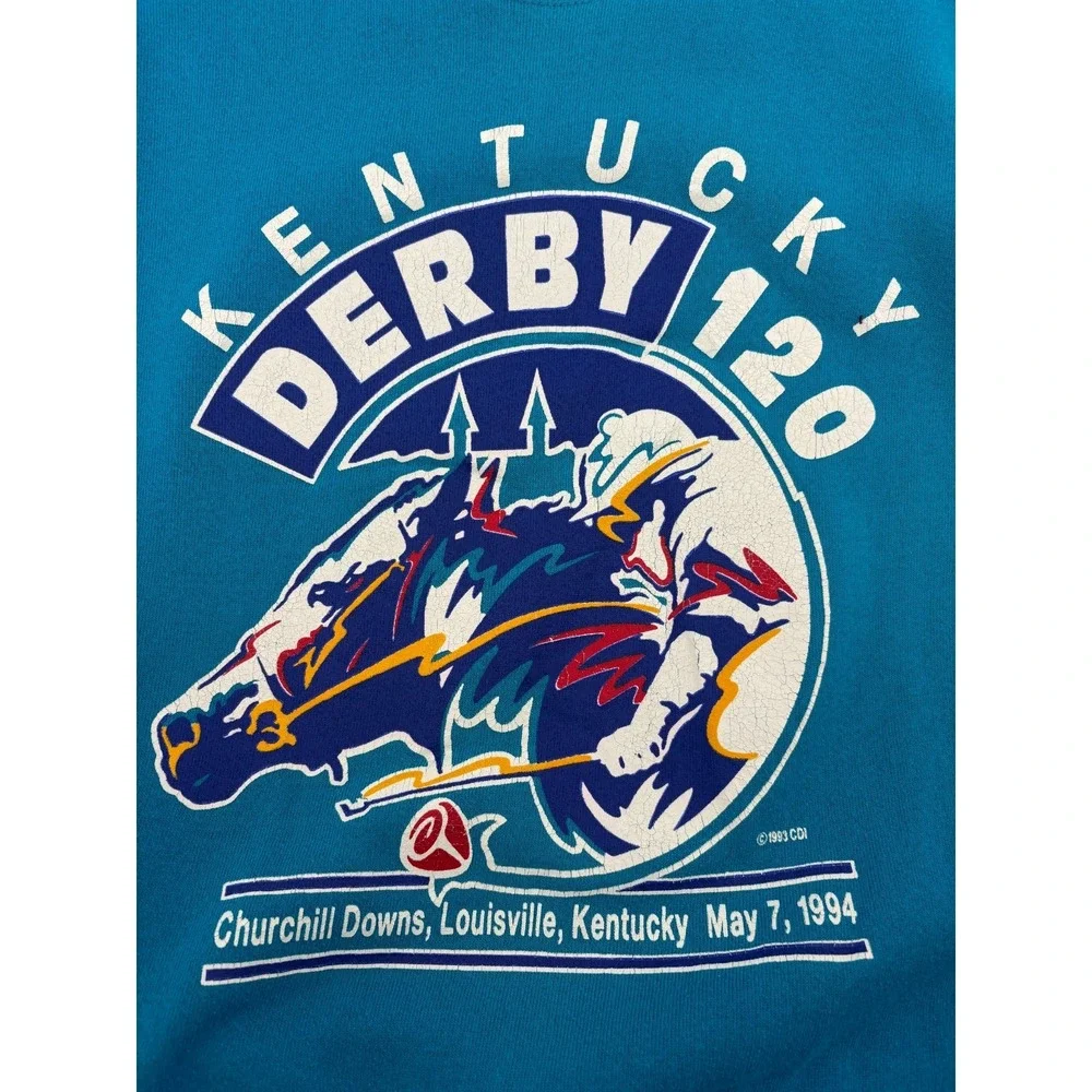 Vintage 1994 Kentucky Derby 120 Sweatshirt Mens Teal Graphic Crewneck Pullover M